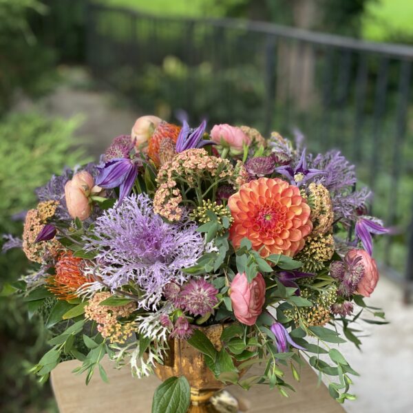 Brassica and Dahlia Fall Flowers in a Gold Compote