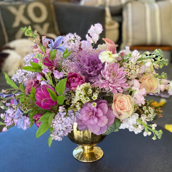 Purple Flower Arrangement in a Gold Compote