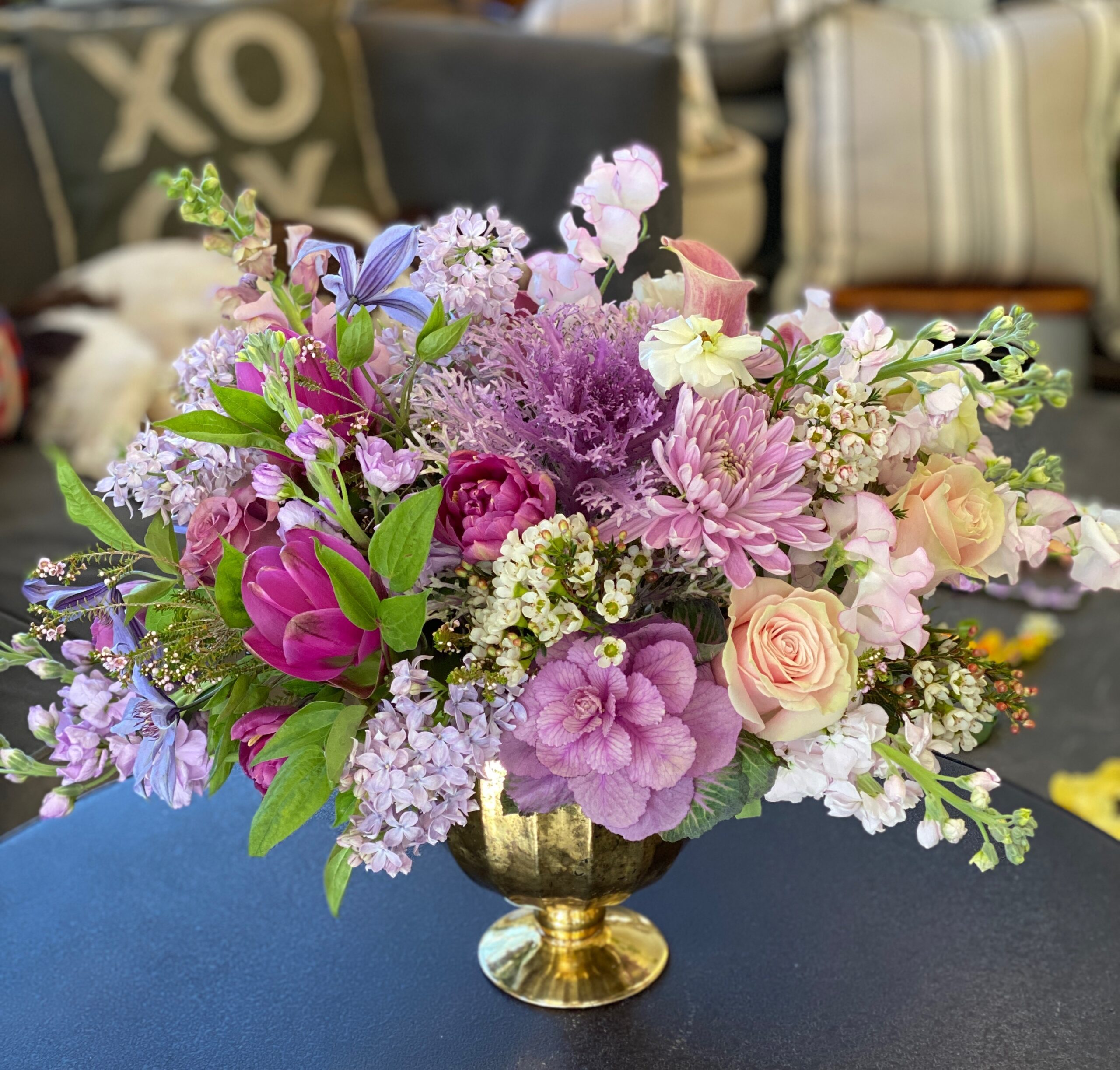 Purple Flower Arrangement in a Gold Compote