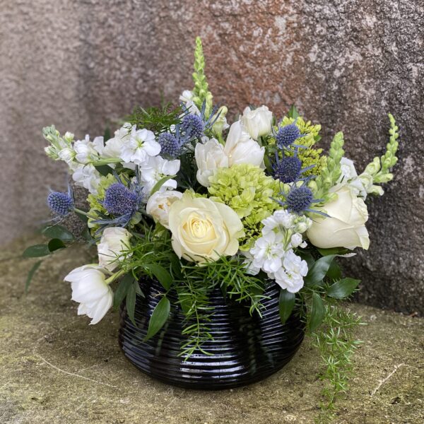 Blue Bell Low Garden Flower Arrangement in Black Vase