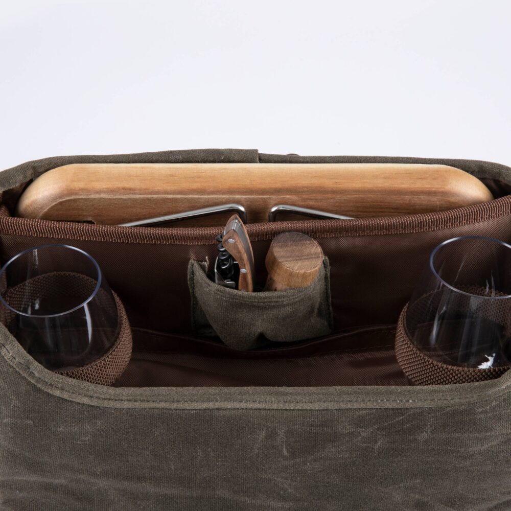 Top of Adventure Wine Tote with Wine Glasses, Cork, & Charcuterie Board