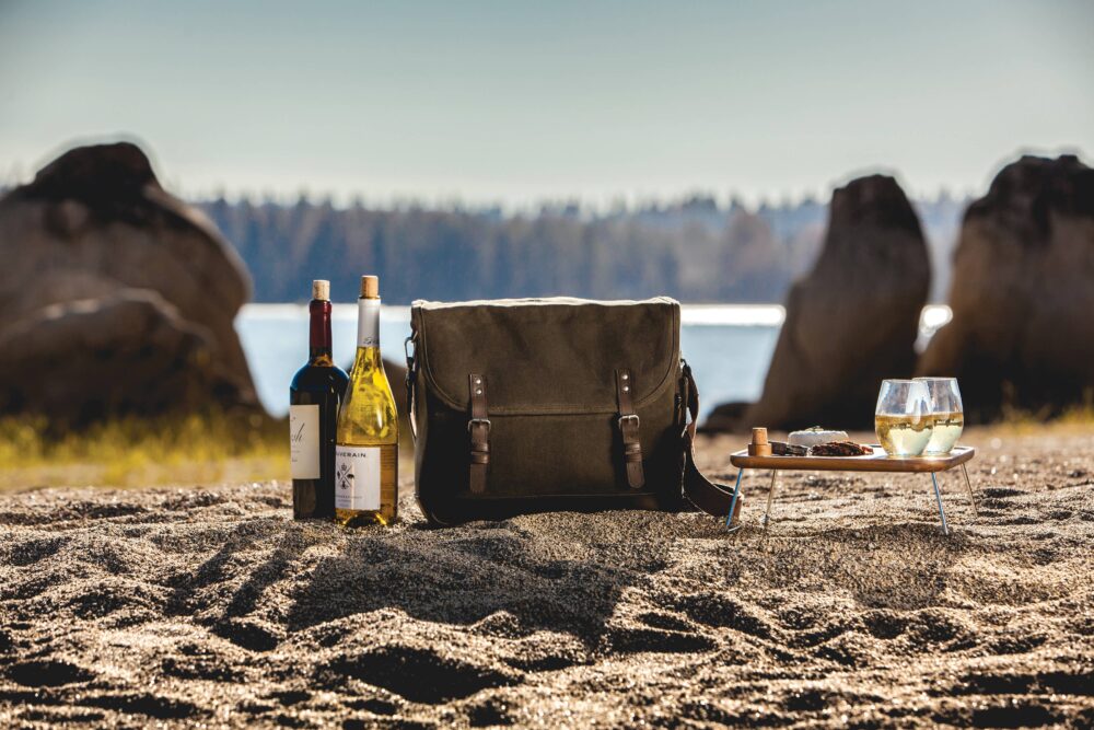 Adventure Wine Tote with Wine Glasses, Cork, & Charcuterie Board on the Beach