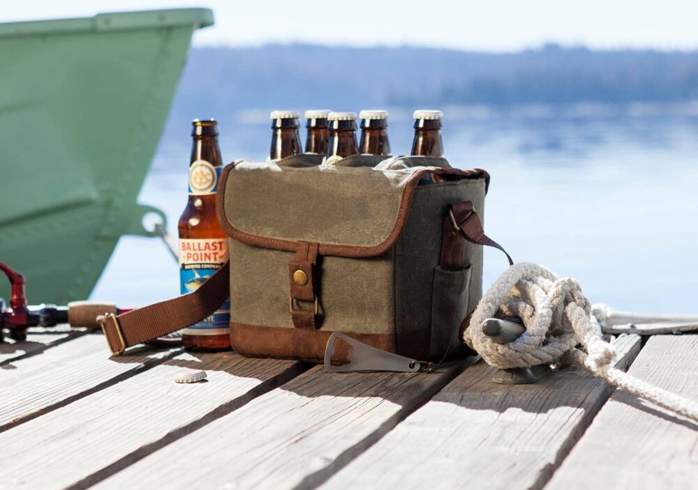 Beer Caddy Cooler Tote with Bottle Opener on the Dock
