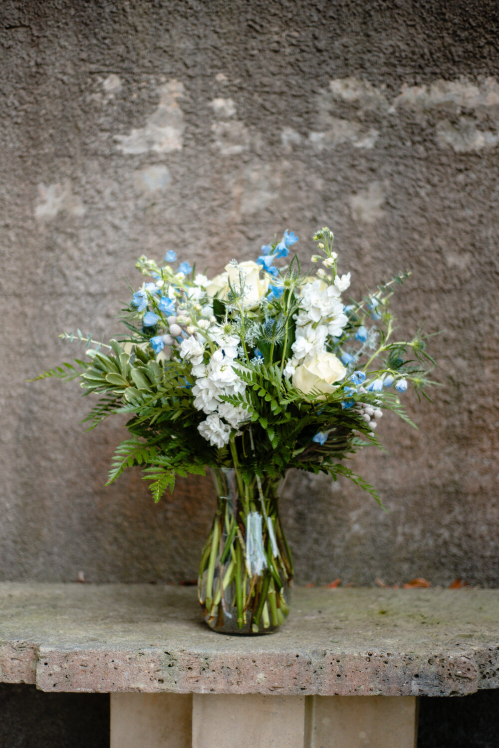 Blue and Silver Holiday Garden Style Flower Arrangement