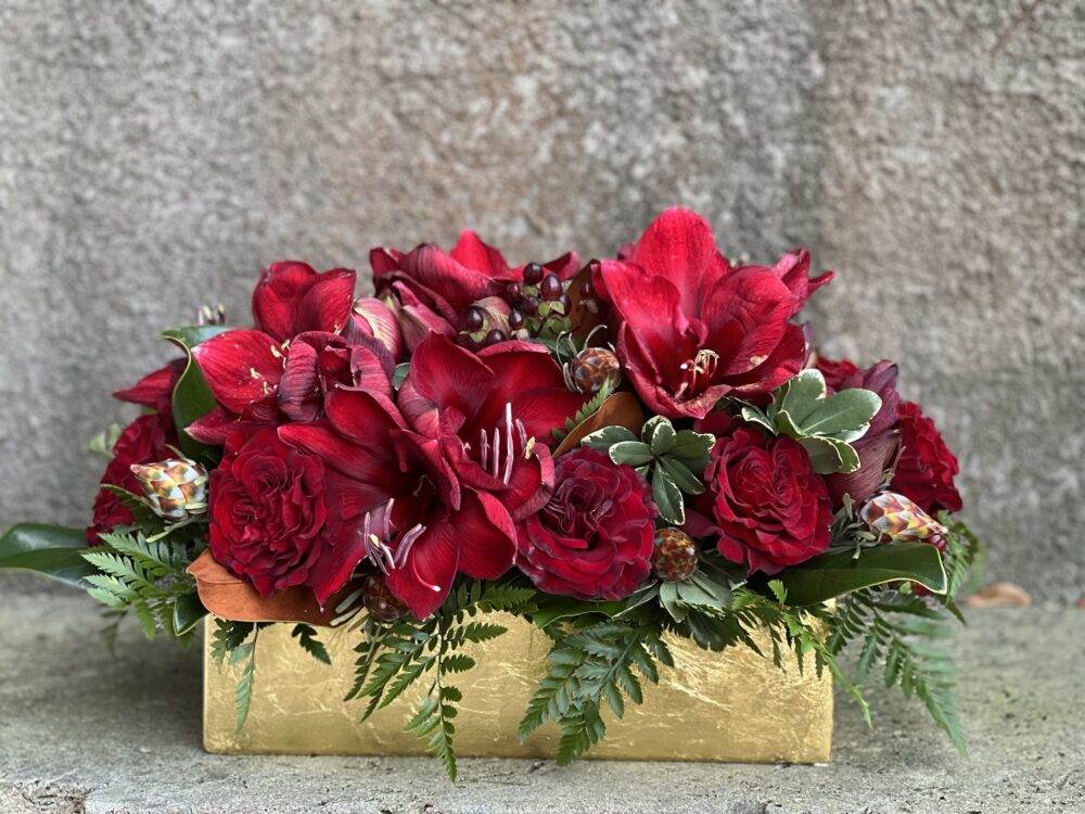 Burgundy and Gold Holiday Dining Table Flower Centerpiece