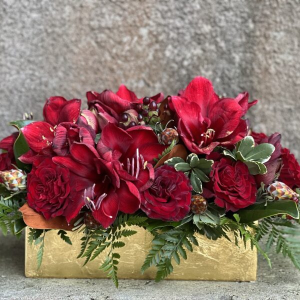 Burgundy and Gold Holiday Dining Table Flower Centerpiece