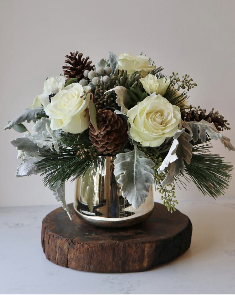 An Easy DIY White Rose and Pine Winter Centerpiece - Sanctuary