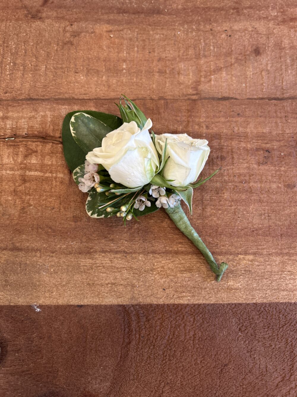 White and Green Boutonniere Prom by Bedford Village Flower Shoppe
